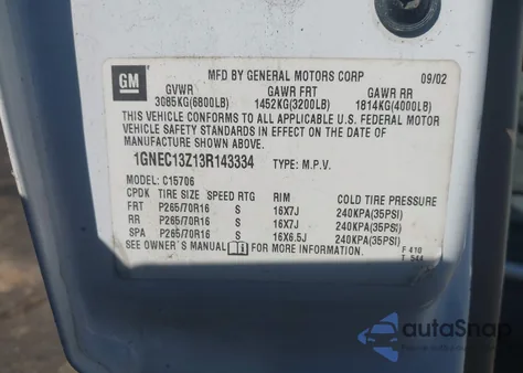 2003 Chevrolet Tahoe Lt from USA, damaged, VIN 1GNEC13Z13R143334